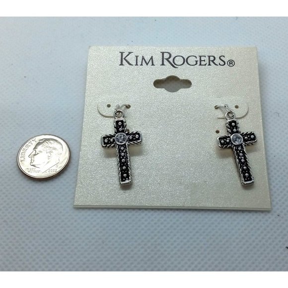 Kim Rogers Antiqued Cross Rhinestone Silver Tone Dangle Wire‎ Pierced Earrings - Picture 4 of 5